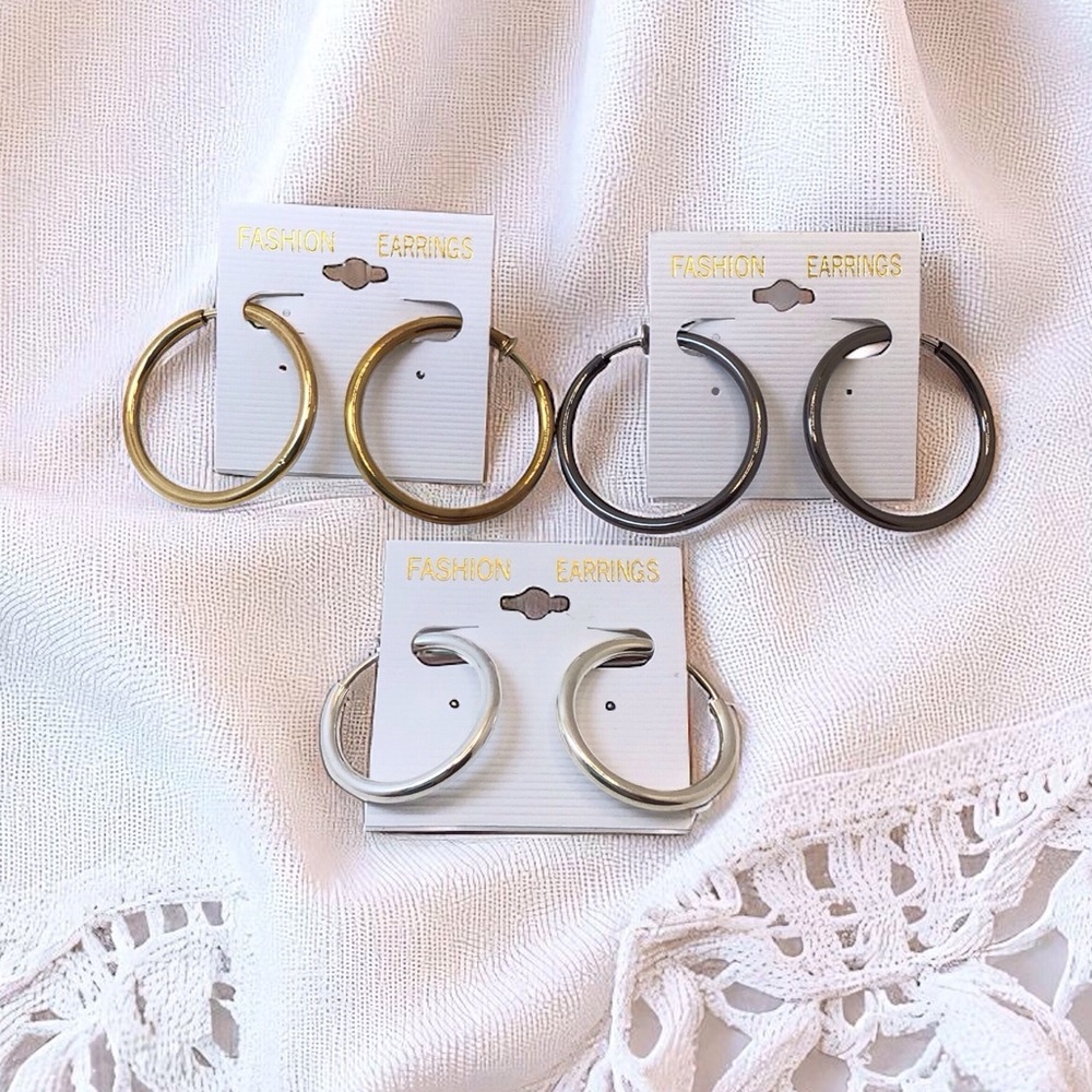 3 Pair Clip-On Hoop Earrings Non-Pierced Gold, Silver, Gunmetal Fashion Jewelry